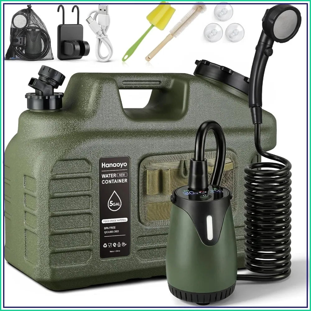 Portable Camping Shower Kit with 5 Gallon Water Jug, 8000mAh Rechargeable Pump, IPX8 Waterproof, 5 Pressure Modes, BPA Free for Camping, Hiking, Beach, Pet Bathing, Car Washing