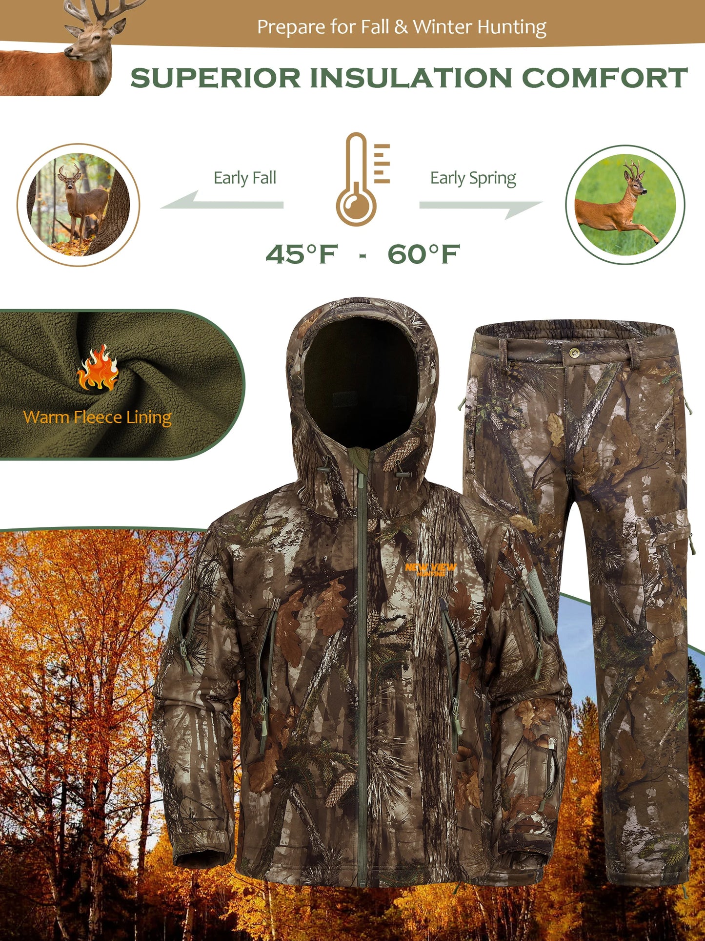Camo Hunting Suit for Men - Water-Resistant Jacket and Pants with Warm Fleece Lining, Ideal for Cold Weather Hunting