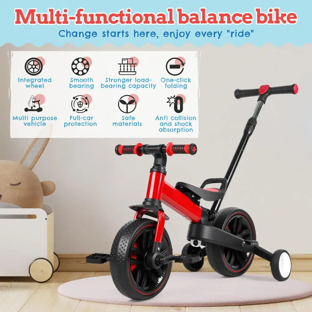 Kids Balance Bike 2-5 Years 6 in 1 Folding Push Bicycle with Training Wheels Pedals Brakes Kickstand for Boys Girls