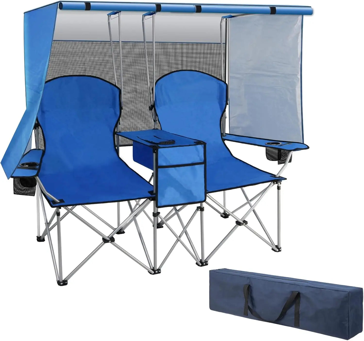 Double Camping Chair with Canopy, Loveseat Camping Chair,Folding Beach Chair with Cup Holder Cooler Bag for Sports Beach Outside