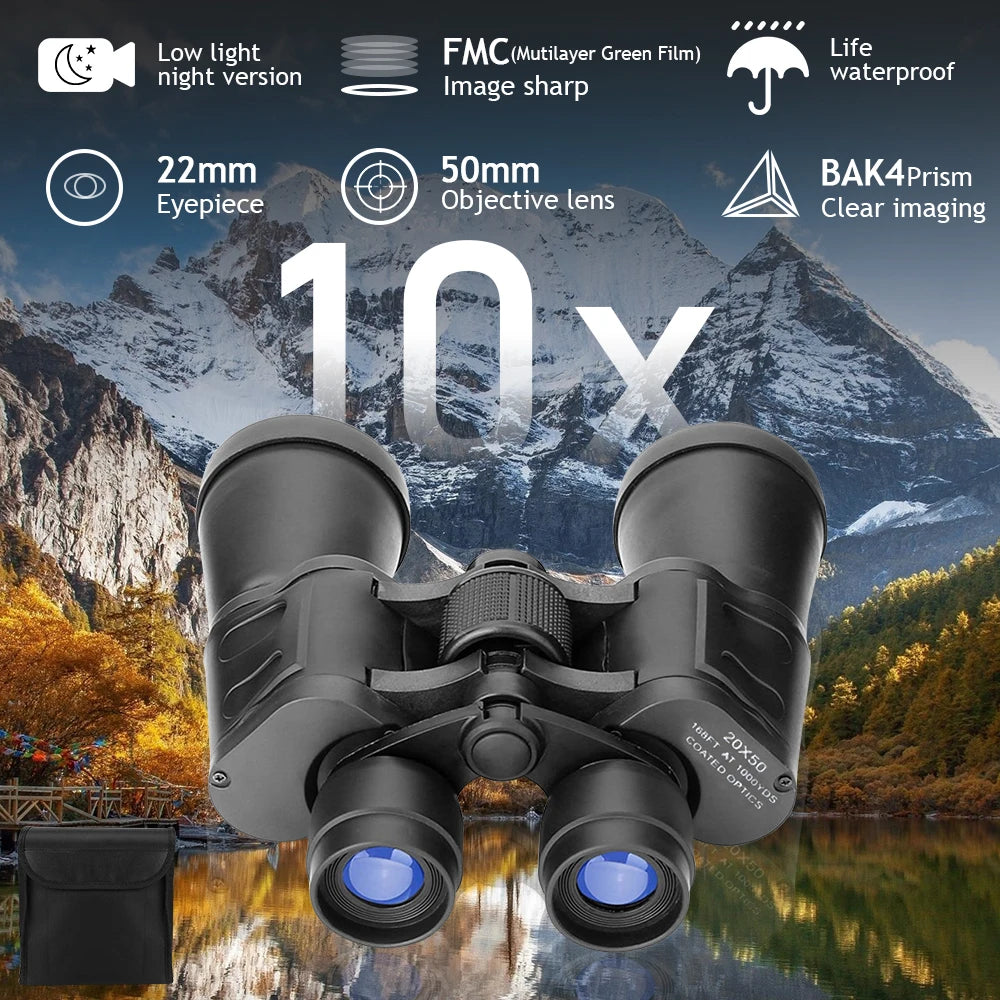 20X50 HD Binoculars BAK4 Prism FMC Green Film Low Light Night Vision Waterproof Portable Telescope with Tripod Interface for Bird Watching Hunting Stargazing Travel
