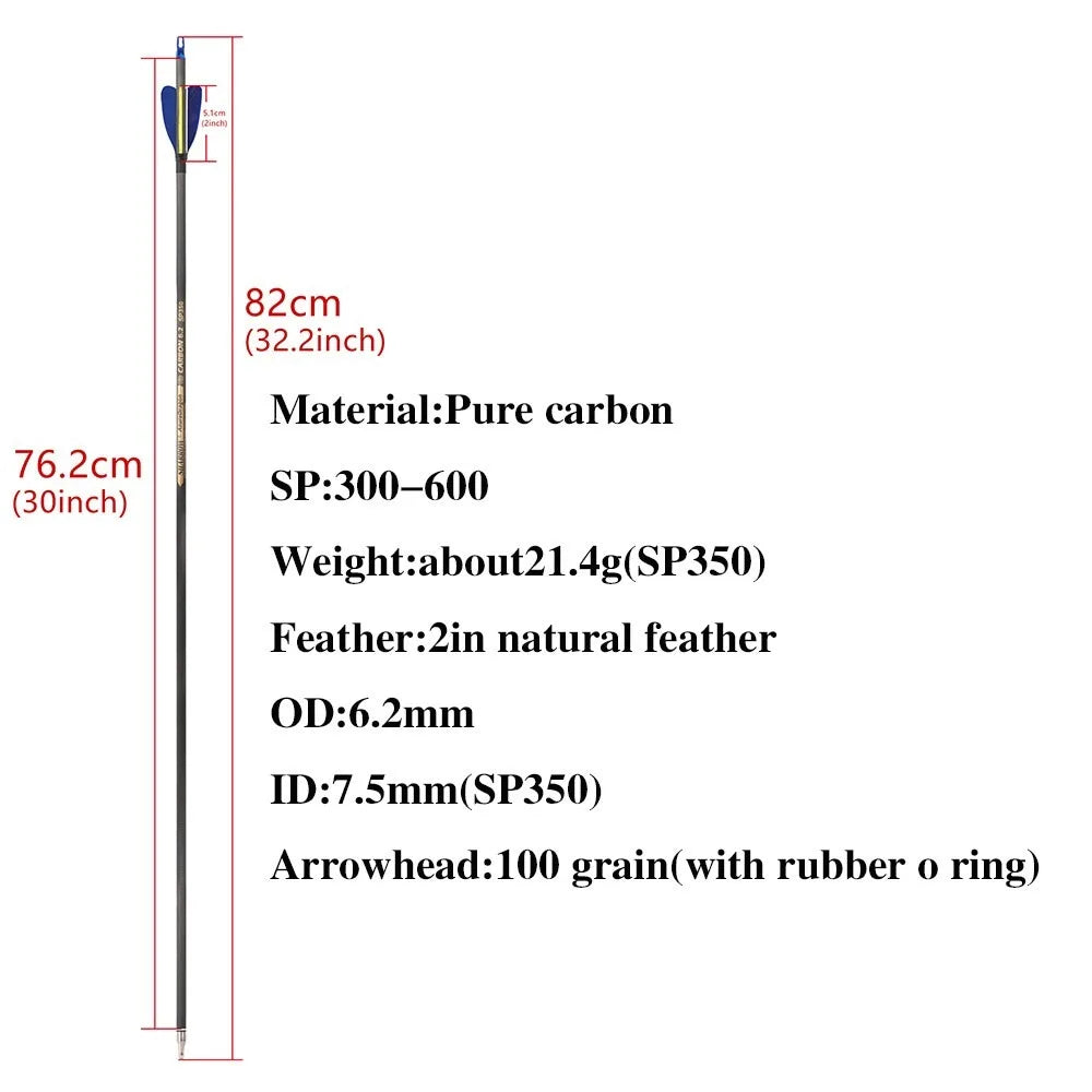 Pure Carbon Arrows 32 Inch Spine 500/600 ID6.2mm with 2 Inch Feathers for Compound Recurve Bow Hunting Shooting Accessories