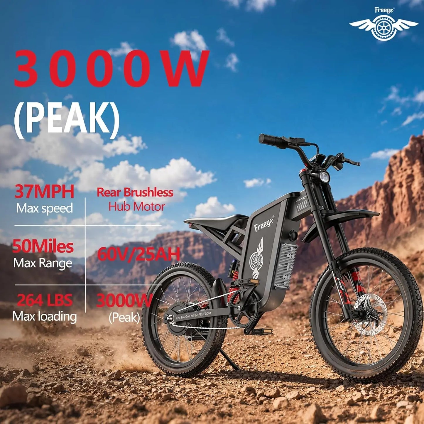 New Freego X1 All-Terrain Electric Dirt Bikes with Pedals 3000W Motor 60V/25Ah Battery Max 37MPH electric bicycle 17x1.6'' Tire