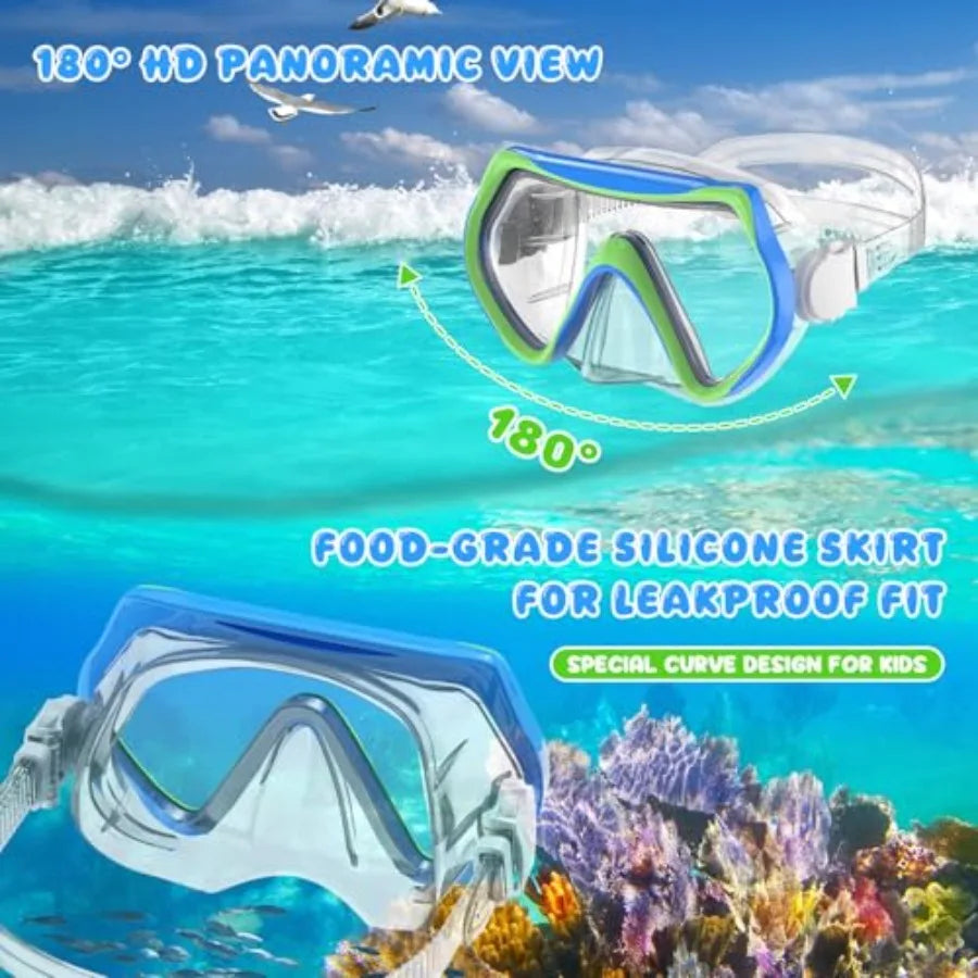Snorkeling Gear for,Kid Mask Fins Dry Top Snorkel Set, Youth Boys Girls Junior Age 6-14 Swimming Diving Swim Fins, Tempered Gla