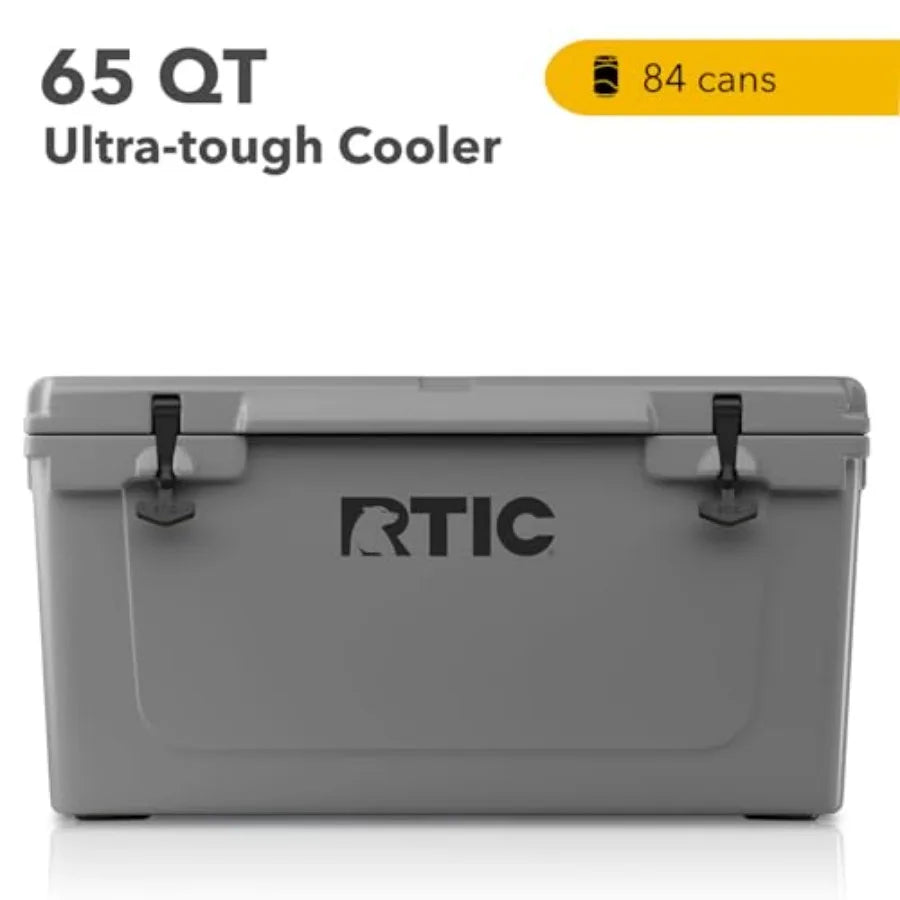 Beach, camping, picnic cooler: ultra-tough hard-shell insulated portable ice chest box in black with 65 QT capacity and extende