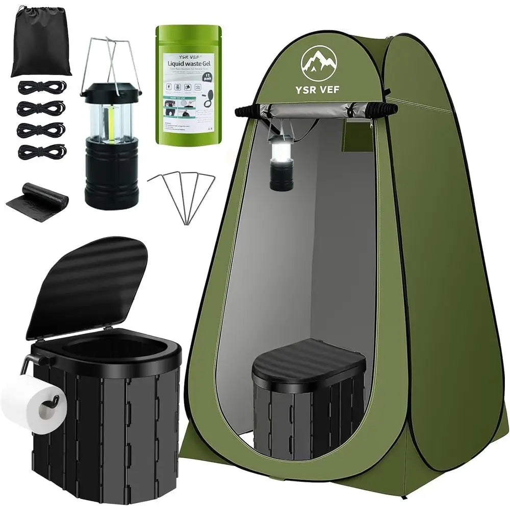 Camping Toilet Kit with Portable Privacy Tent, Poo Gel Bags, Washable Showers, and Changing Rooms