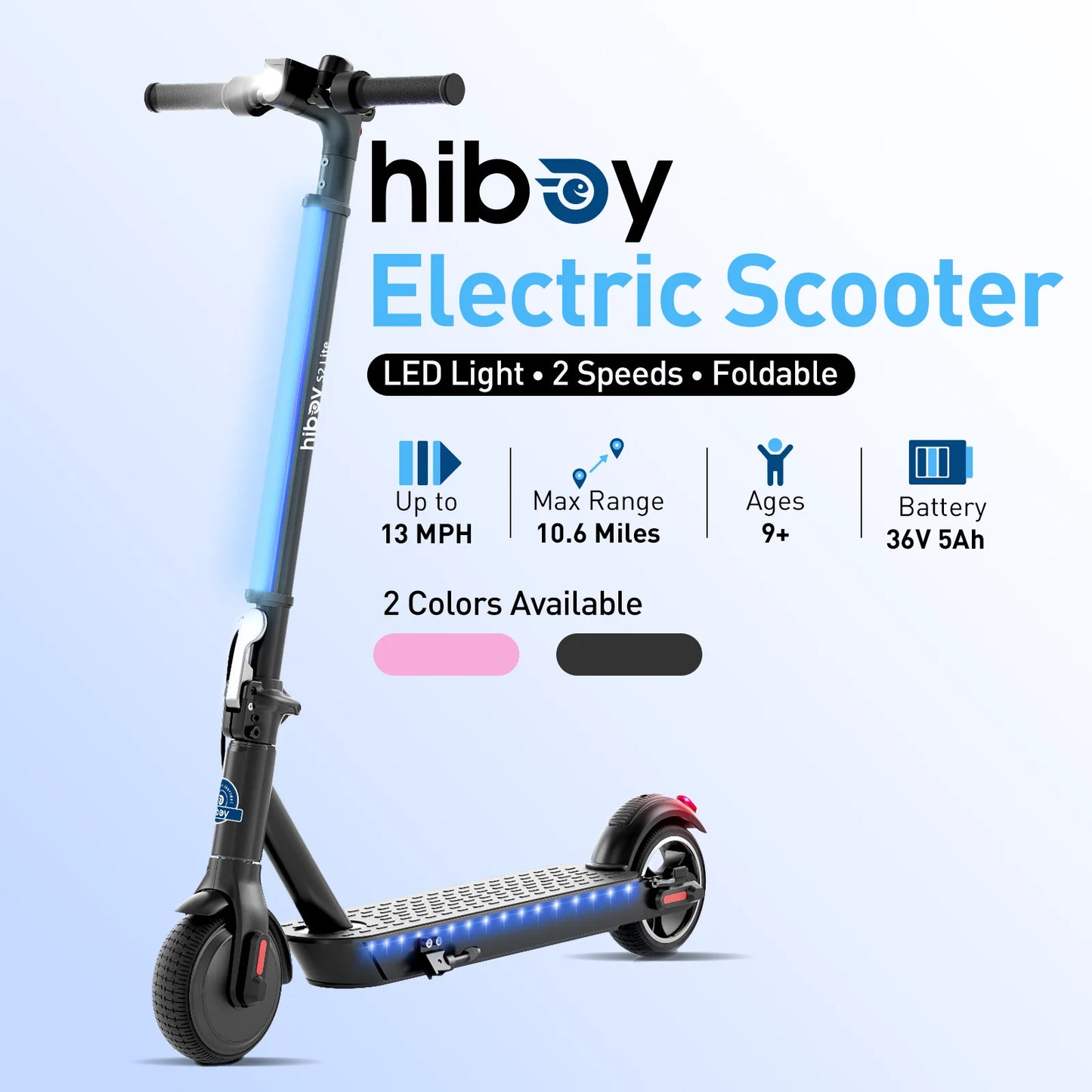 Hiboy S2 Lite Electric Scooter for Teens, 250W Rated 350W Peak Motor, 13 MPH Speed, 10.6 Miles Range, 23.2 lb Lightweight Foldable Design, Dual Brakes, 6.5" Solid Tires, 4-Light Safety System