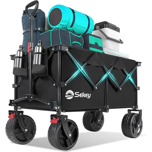 Folding Heavy-Duty 220L Utility Wagon with All-Terrain Wheels, Cup Holders for Beach, Camping, and Outdoor Activities - Black