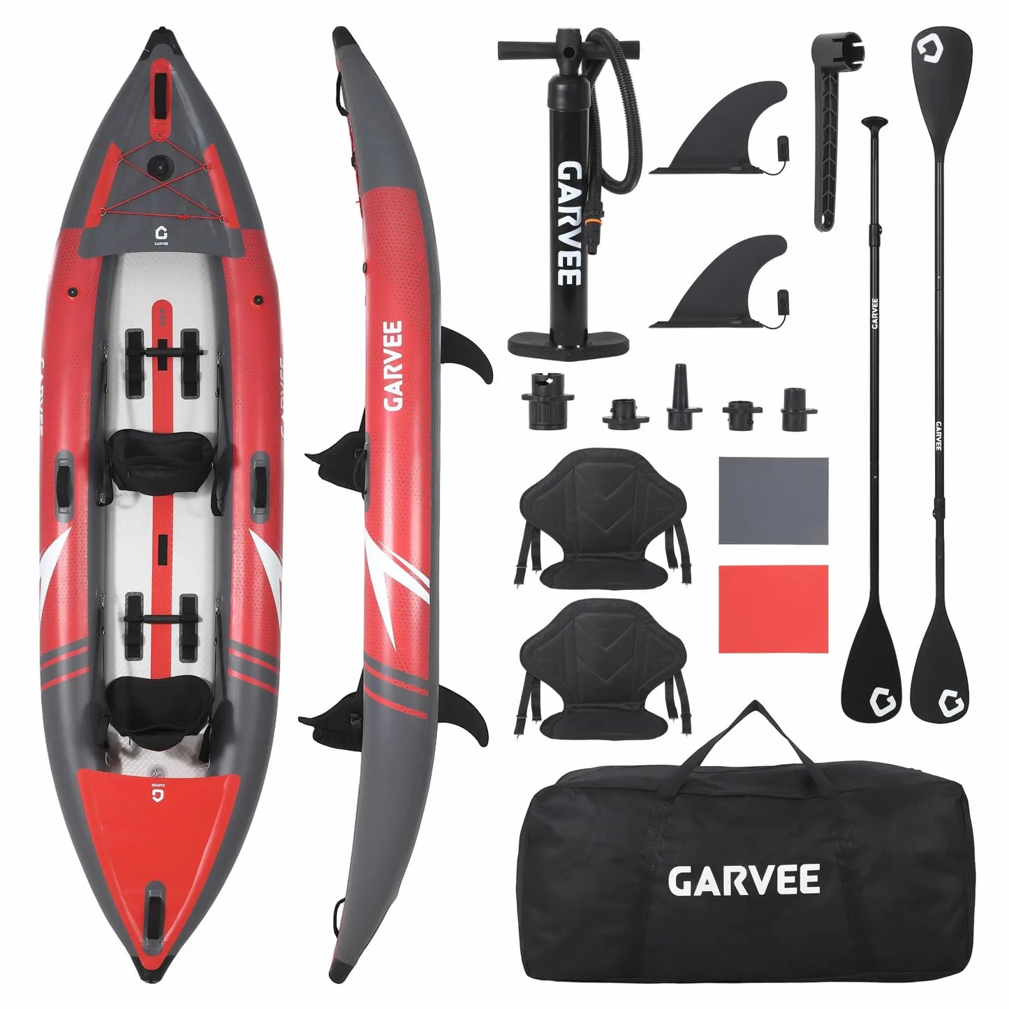 12.5FT 2 Person Drop Stitch Inflatable Kayak, 450 LBS Load Portable Inflatable Touring & Fishing Kayak for Adults, Complete Kit with 2 Padded Seats, 3 Tracking Fins, Carry Bag & Repair Patch Kit