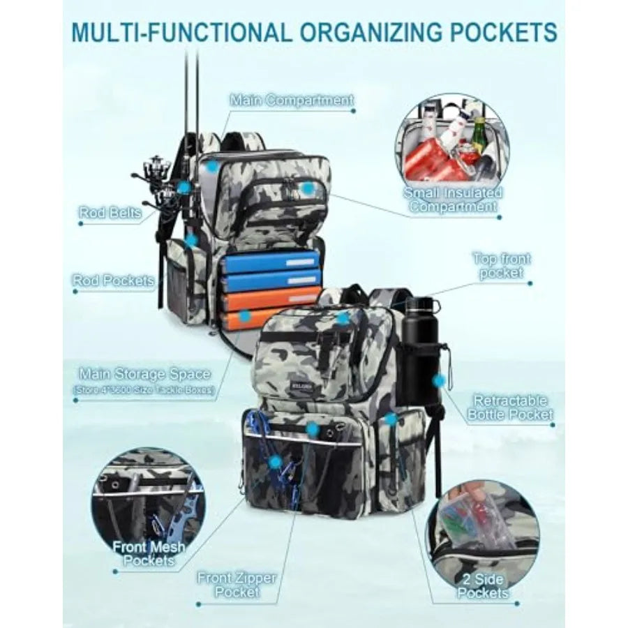 Fishing Backpack with Rod Holders, 43L Large Water Resistant Tackle Bag Storage Gear and Equipment with Cooler for Men Fishing,