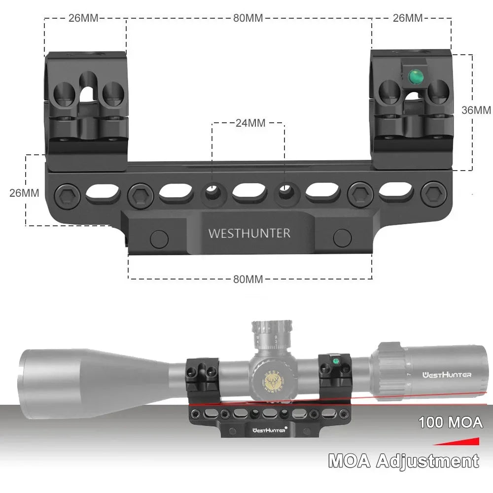 WestHunter 100 MOA Compensation Picatinny Scope Mounts 133mm-163mm Adjustable Length Scope Rings with Bubble Level for Hunting