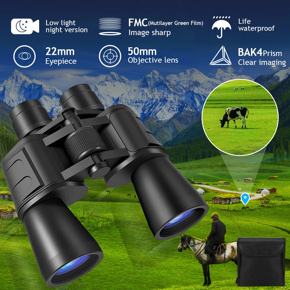 20X50 HD Binoculars BAK4 Prism FMC Green Film Low Light Night Vision Waterproof Portable Telescope with Tripod Interface for Bird Watching Hunting Stargazing Travel