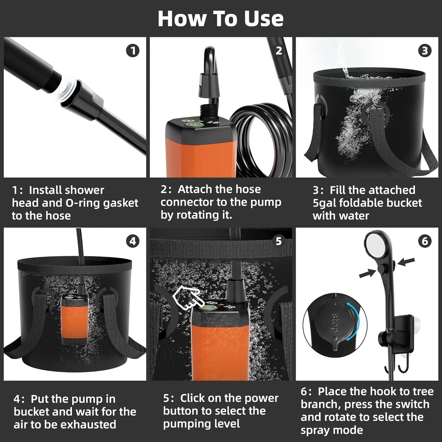 Upgrade 6000mAh Rechargeable Portable Camping Shower, 5 Gallon Collapsible Bucket, LED Display, Multiple Spray Modes, Hiking