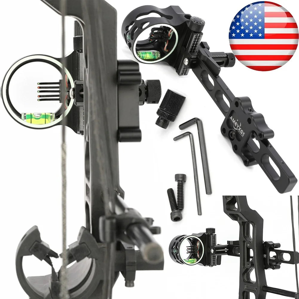 Compound Bow Sight 5 Pin Long Rod 0.019 Fiber Optic Adjustable Left Right Hand for Hunting Shooting Target Practice Accessories