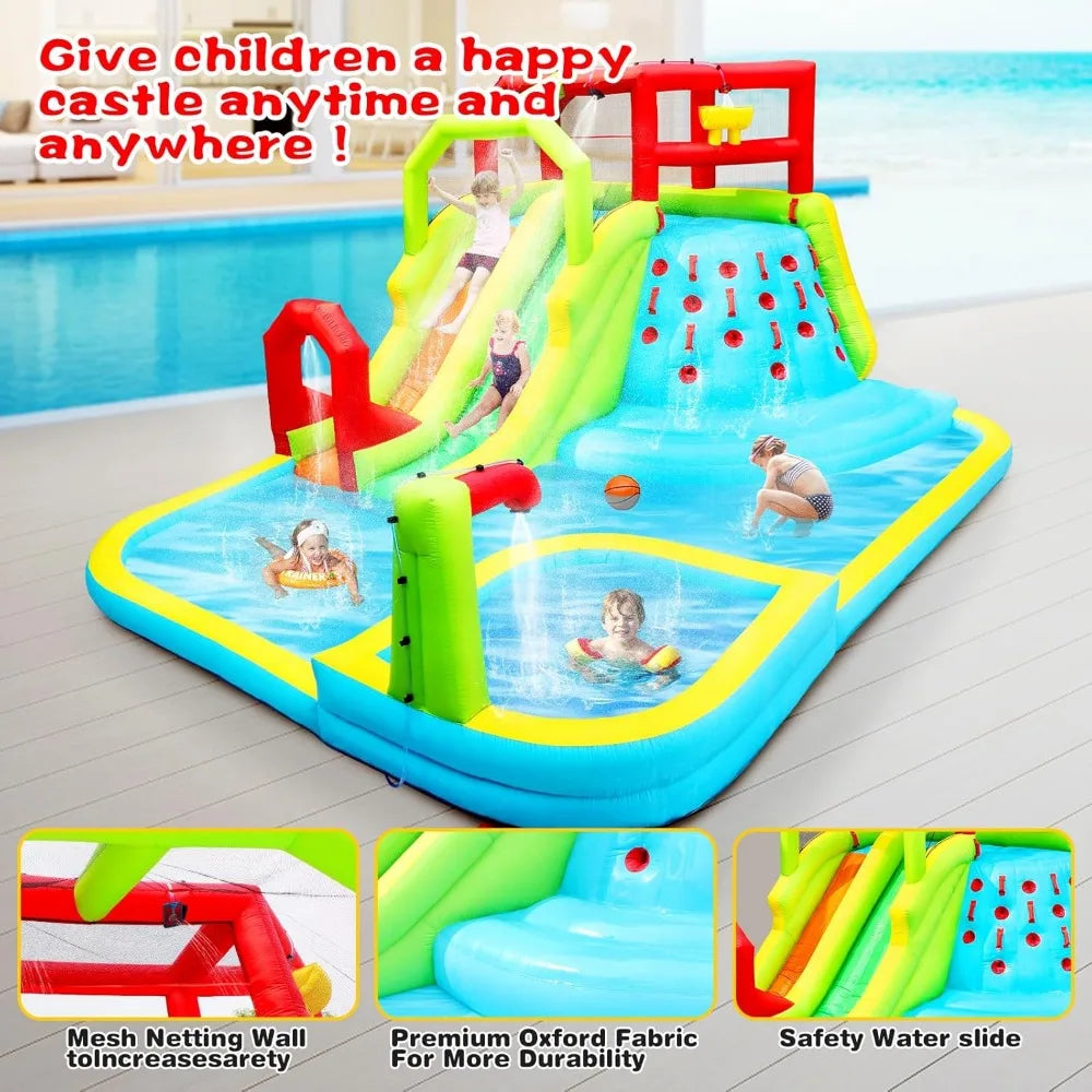 Garden Furniture Inflatable Water Slide Park with Splash Pool Climb The Wall, 3 Inflatable Sport Balls and 4 Water Guns, Water S