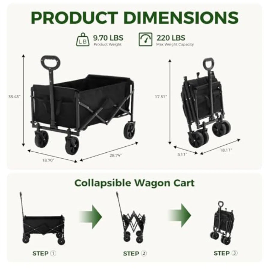 Collapsible Wagon Cart for Beach Garden Sports Grocery Camping, Heavy Duty Steel Frame, Black, 220 lbs Capacity Flexible Handle