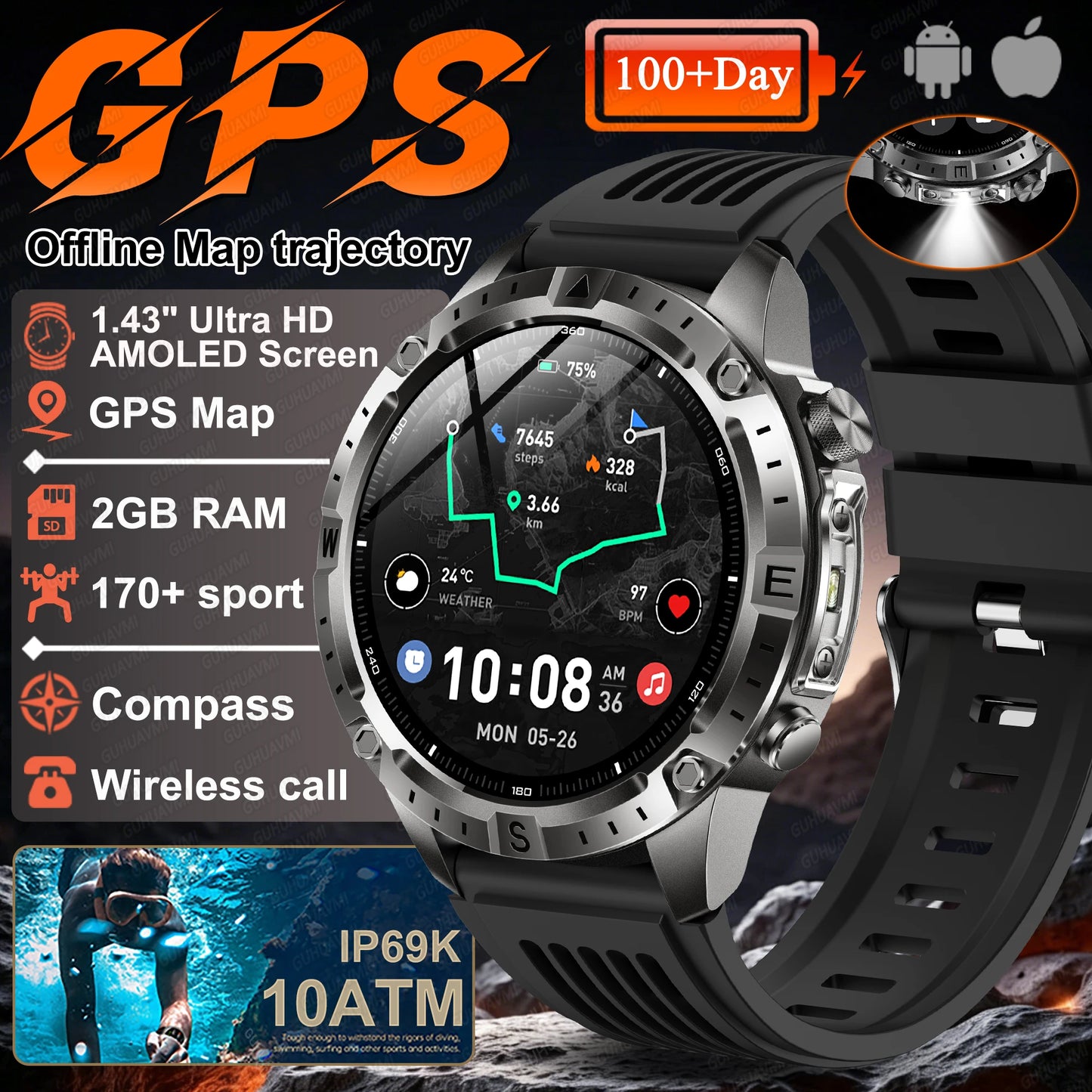 2026 NEW Outdoors Offline Map GPS Smart Watch L1+L2 Dual Band GPS Compass Cycling Run Swim Heart Rate 10ATM Military Smartwatchs