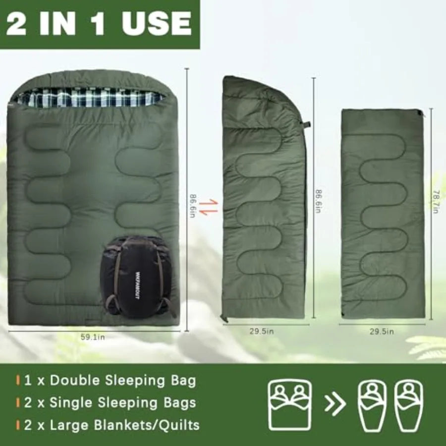 Car camping, hunting, tent camp sleeping bag: 0 double adult queen size 2-person cold weather sleeping bag with compression sac