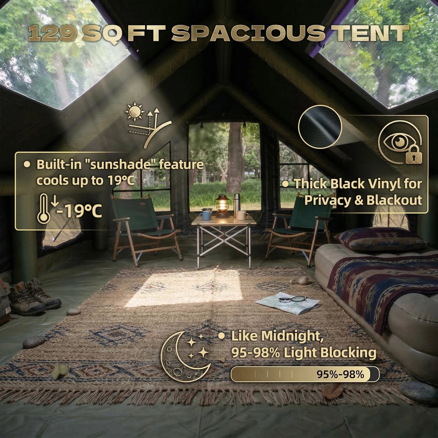 SENLEETO Black-out Inflatable Camping Tent 6-8 Person,Large Sunproof Blow up Tent with Skylight&Mesh Window,Glamping Tent House with Stove Jack AC Vent for Outdoor Camping