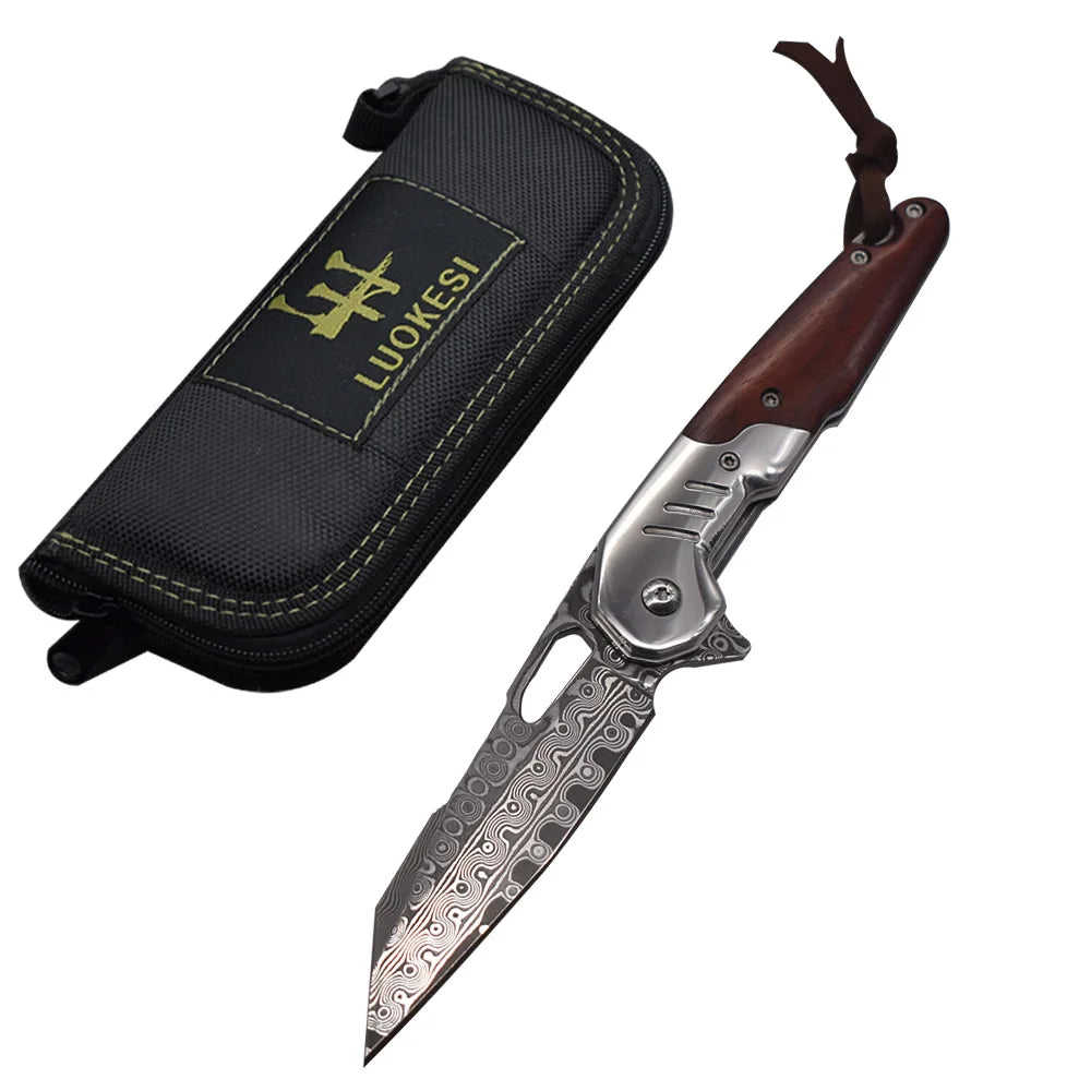Damascus Steel Rosewood+steel Handle Ball Bearing Knife Outdoor Fishing Hiking Portable Pocket Knife