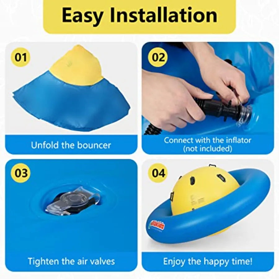 Outdoor kids inflatable dome rocker bouncer in blue durable PVC material features 6 secure handles and roll-and-play seesaw fun