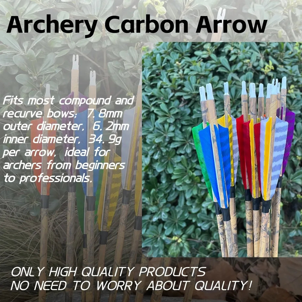 12PCS 30inch Archery Carbon Arrows 4" Natural Feather 500 Spine Removable Tips for Compound Recurve Bow Hunting Target