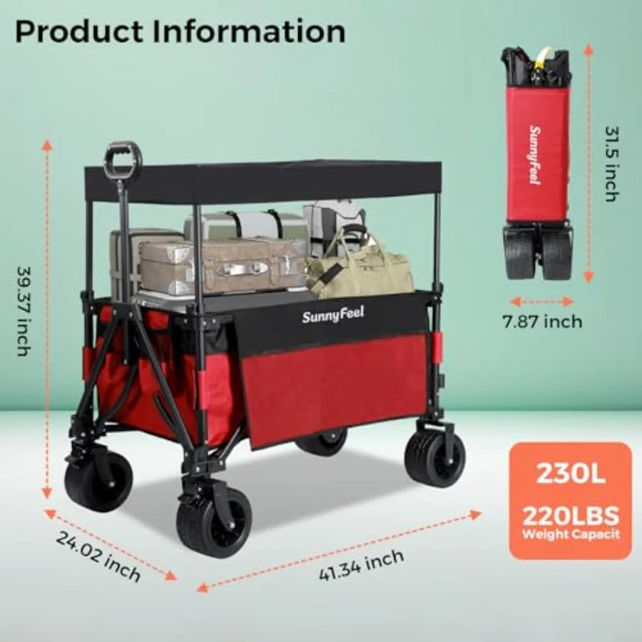 3 in 1 Wagon with Canopy 220lbs230L Wagon Cart Foldable with 7'' All-Terrain PVC Wheel and Rear Hanging Shelf
