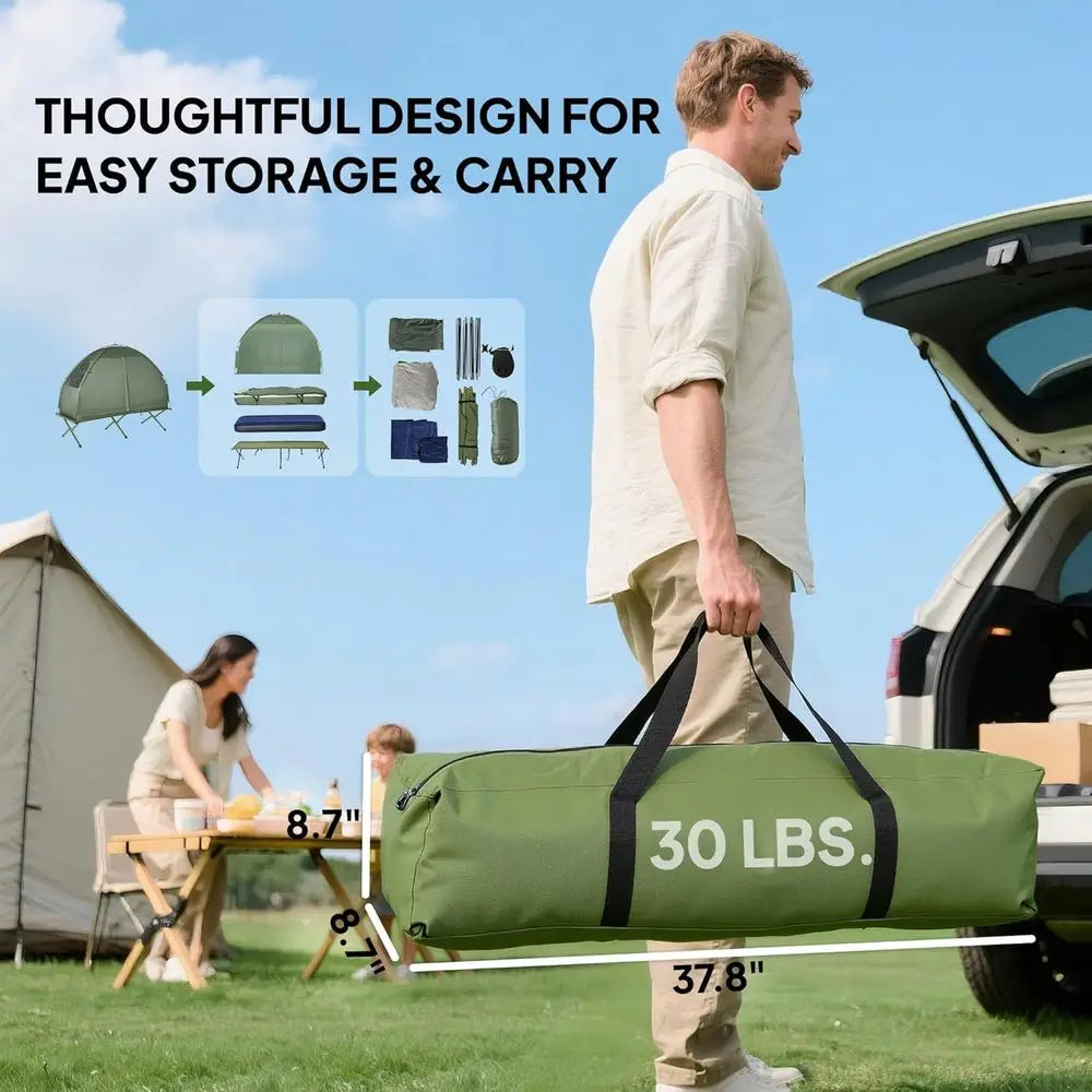 Camping Tent Cot, 6-in-1 olding Tent Cot Combo with Mattr, Pillow, Sleng Bag, Bed Cover, Roller Carrying Bag, O Ground Travel Ca