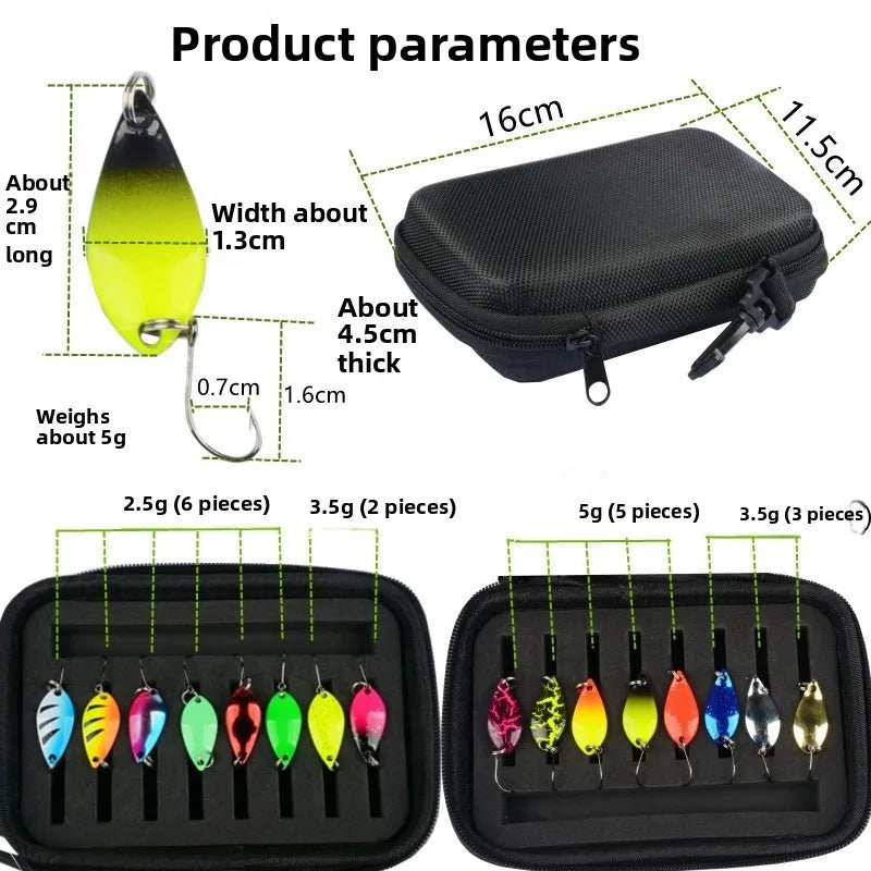 Fly Fishing Bait Rotating Spoon Bait with Foam Box Hard Fishing Accessory Bag Portable Bait Bag 16PCS