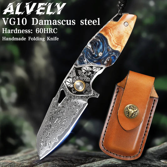 High-Quality Men's and Women's Folding Pocket Knife, Damascus Steel Pocket Knife, Wooden Handle, Camping Survival Adventure EDC