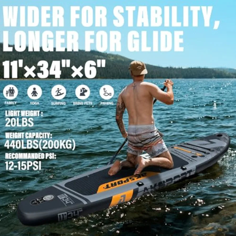 Inflatable Stand-Up Paddle Board for outdoor water sports, PVC material, blue-gray color, extra wide 34 non-slip deck with upgr