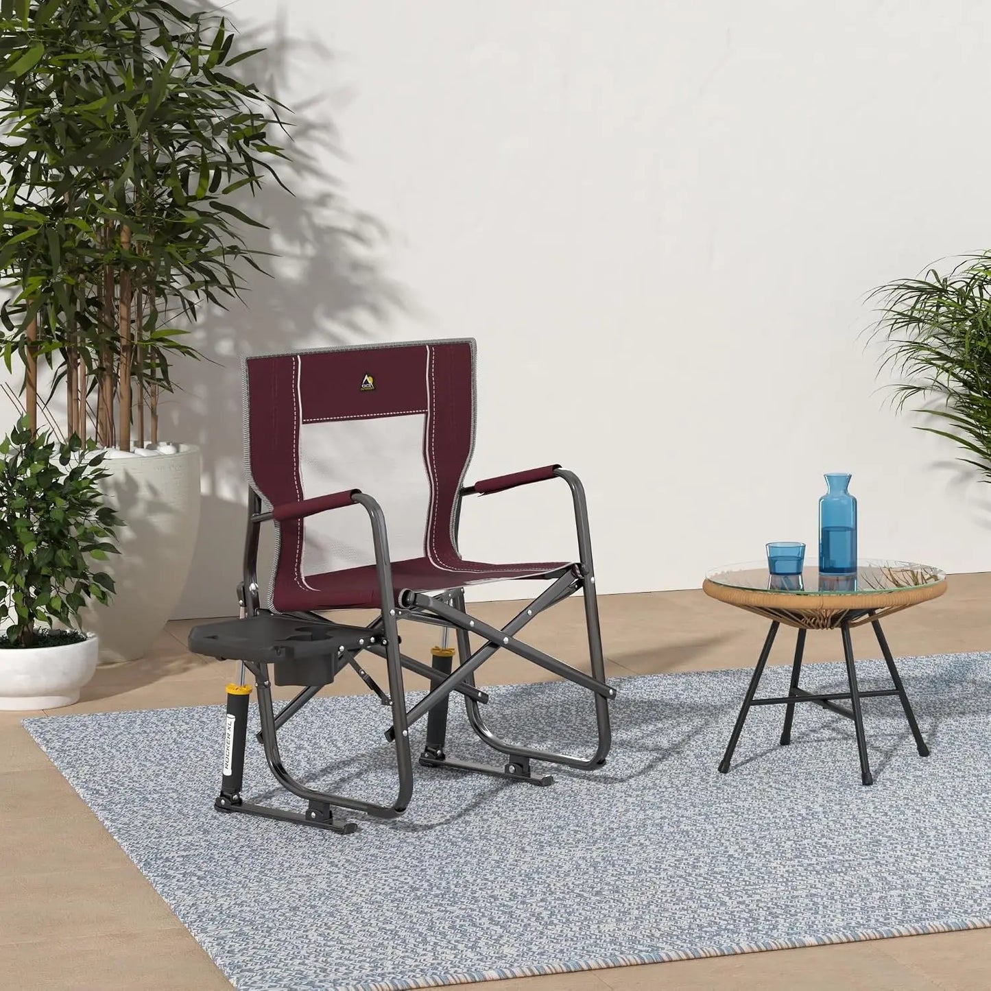 OUTDOOR Freestyle Rocker XL with Side Table Camping Chair | Portable Folding Rocking Chair with Solid, Durable Armrests, Drink Holder & Comfortable Backrest — Red