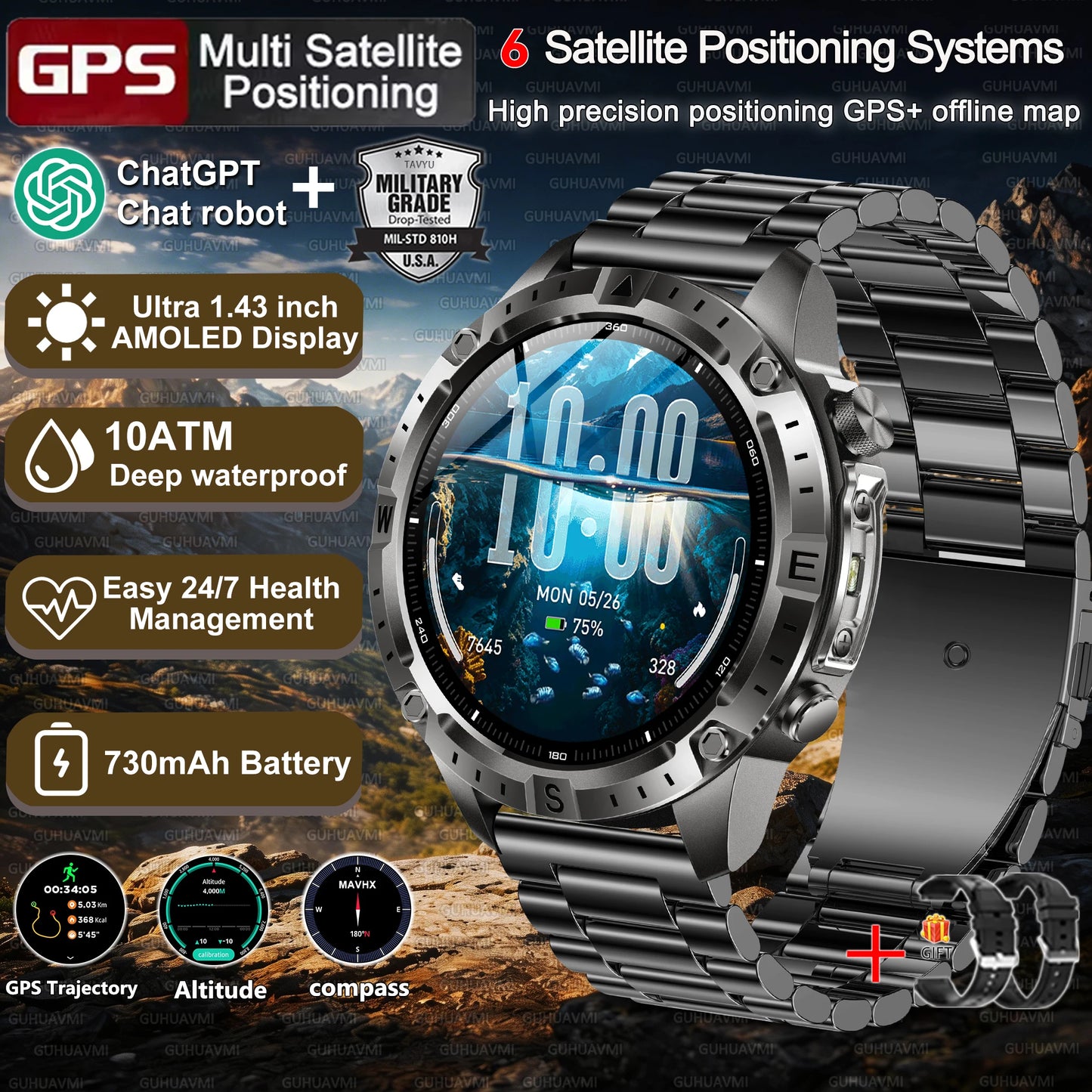 2026New Military Tank GPS SmartWatch Offline Map 10ATM Swim 2GB RAM Music Altitude Compass Bt Call Fitness Sports Smartwatch Men