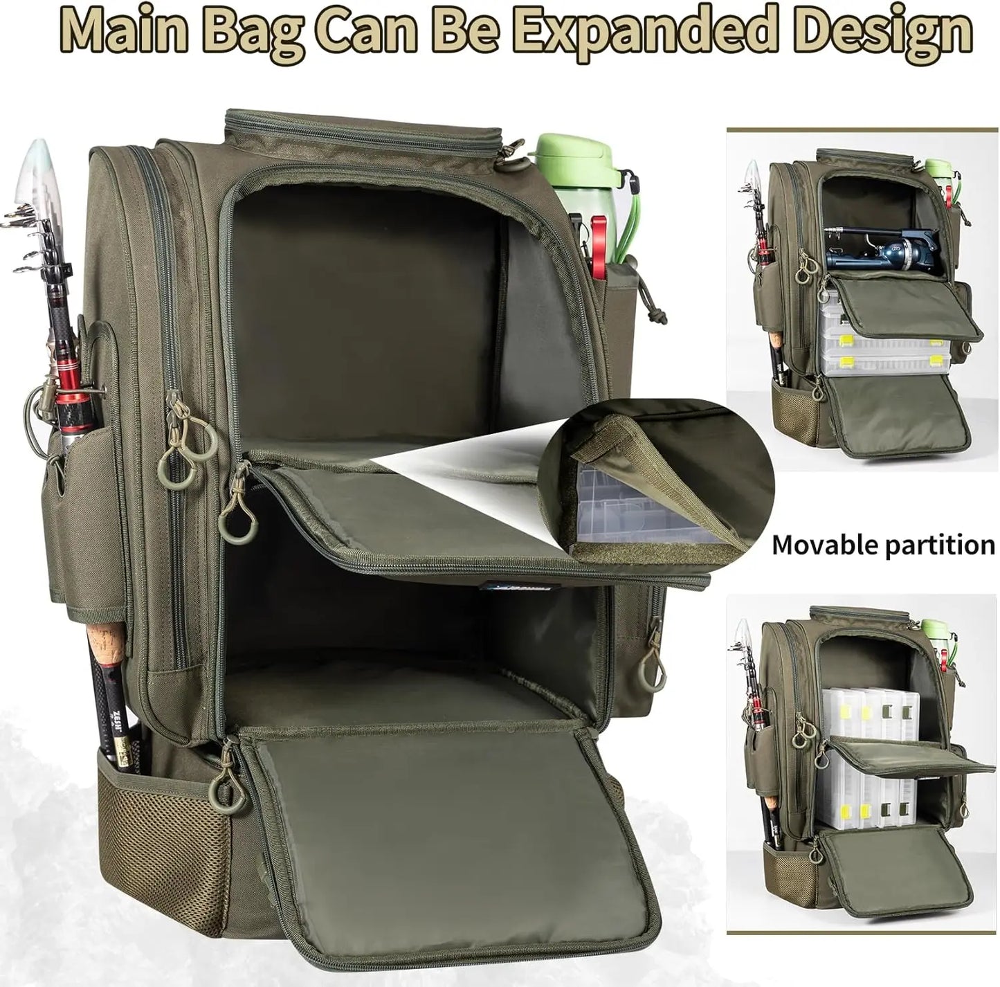 Large Fishing Backpack with Cooler, Rod Holders for 3 Tackle Boxes - Waterproof Outdoor Bag for Camping Hiking