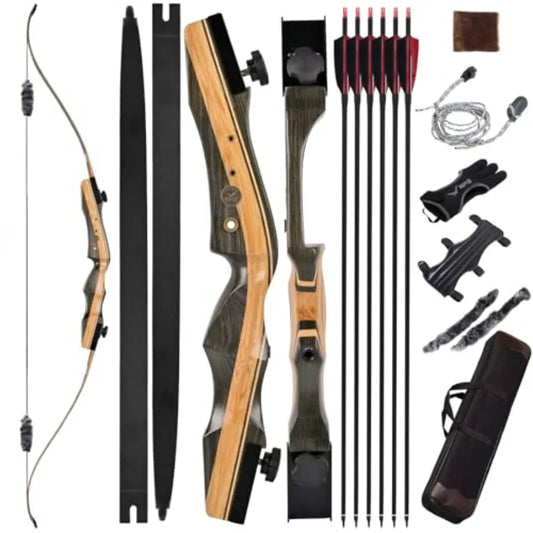 Archery Wooden Bow and Arrow Set for Adults 62'' Hunting Bow 30-50 Lbs Right Handed Takedown Recurve Bow with Fast Installation
