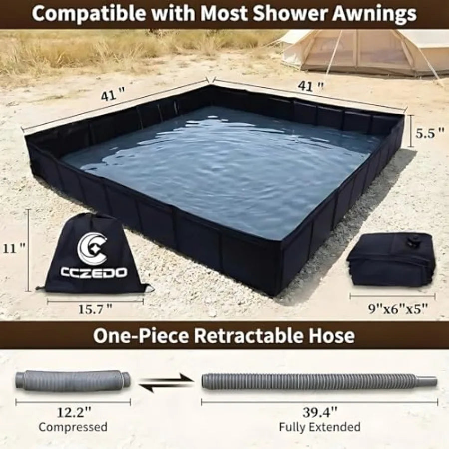 Upgraded Portable Shower Pan 41" x 41" x 5" Foldable Camping Shower Base with Waterproof Storage Bag Dual Drain Holes for RV Ca