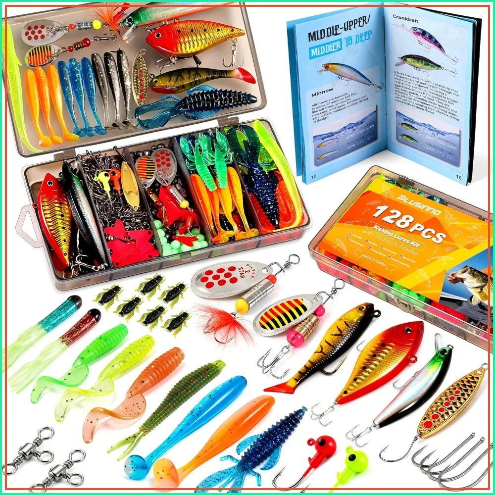 All-in-One Fishing Tackle Box with 128pcs Lures & Accessories Kit for Bass Trout, Ideal Gift for Men Dad Beginners