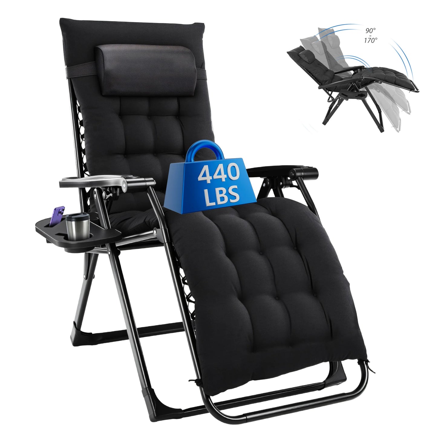 MCQ Zero Gravity Cushioned Lounge Chair Outdoor Folding Camping Padded with Cup Holder Cooler Bag Heavy Duty Chair for Garden