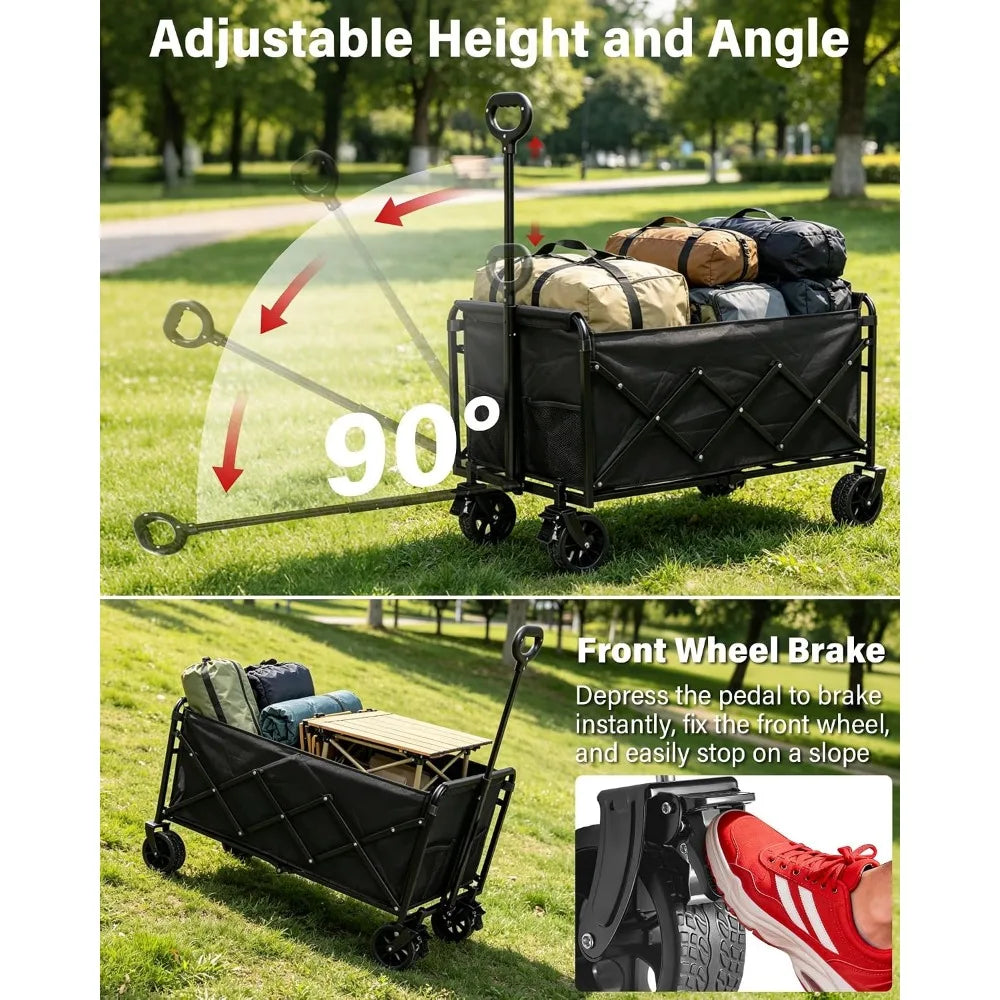 Collapsible Wagons Carts Foldable Wagon, 500LBS Wagon Cart Foldable Heavy Duty with Brakes & All-Terrain Wheels, Large Collapsible Folding Wagons for Beach Camp Sports Grocery, Portable (Black)