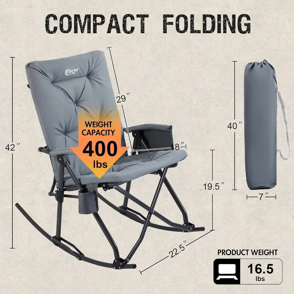 Thick-Padded Portable Rocking Recliner Chair for Outdoor Camping, Patio, and Backyard - Supports 400 lbs