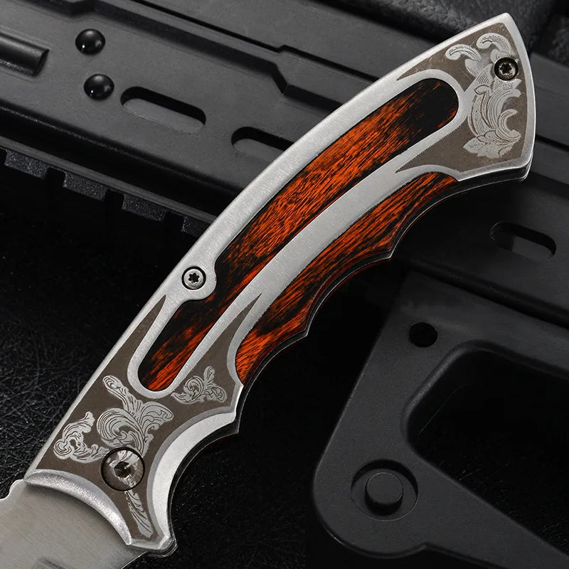 Samurai in Your Pocket: 3" Razor-Sharp 8CR13 Steel Blade Folding Knife – Laser-Etched Steel/Wood Hybrid Handle, Thumb Stud Magic