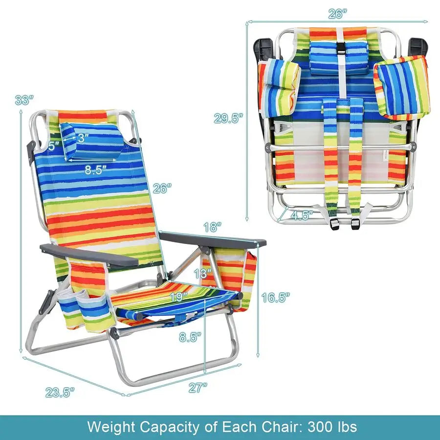 Backpack Beach Chairs, 2Pack Portable Camping Chairs with Cup Holder, Ice Bag, 5Position Outdoor Reclining Chairs for Adults, Tr