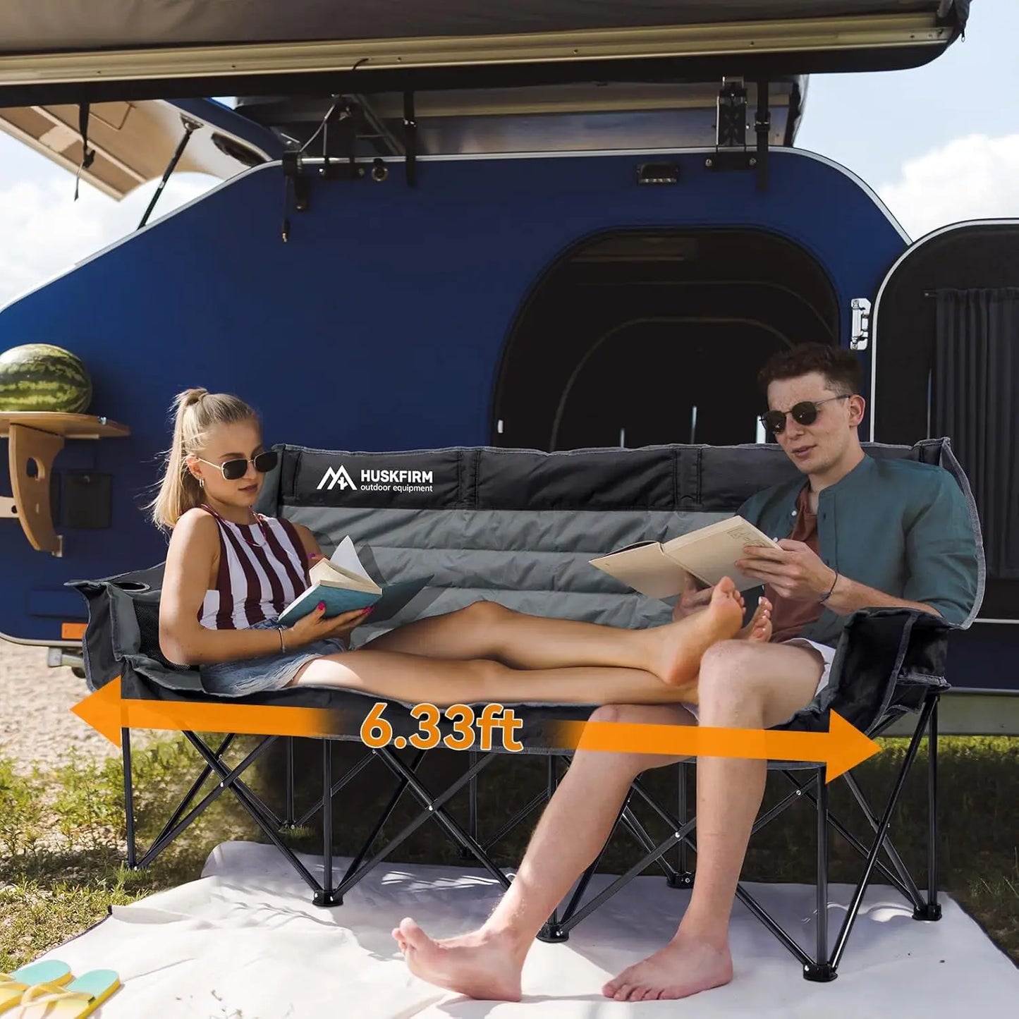 3 Person Folding Camping Chair, Heavy Duty Portable Outdoor Loveseat with Cup Holders & Carry Bag