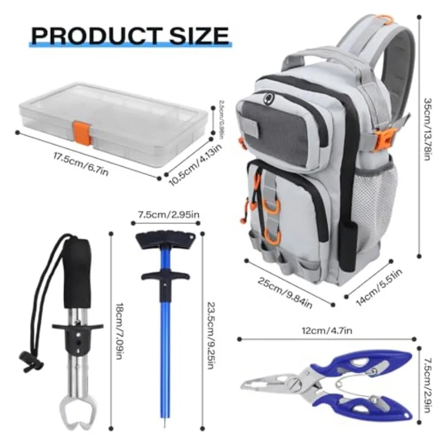 Fishing Backpack with Tackle Boxes, Waterproof Fishing Shoulder Bag with Rod Holder, Fish Bag with 136 Pcs Fishing Lures Kit, F