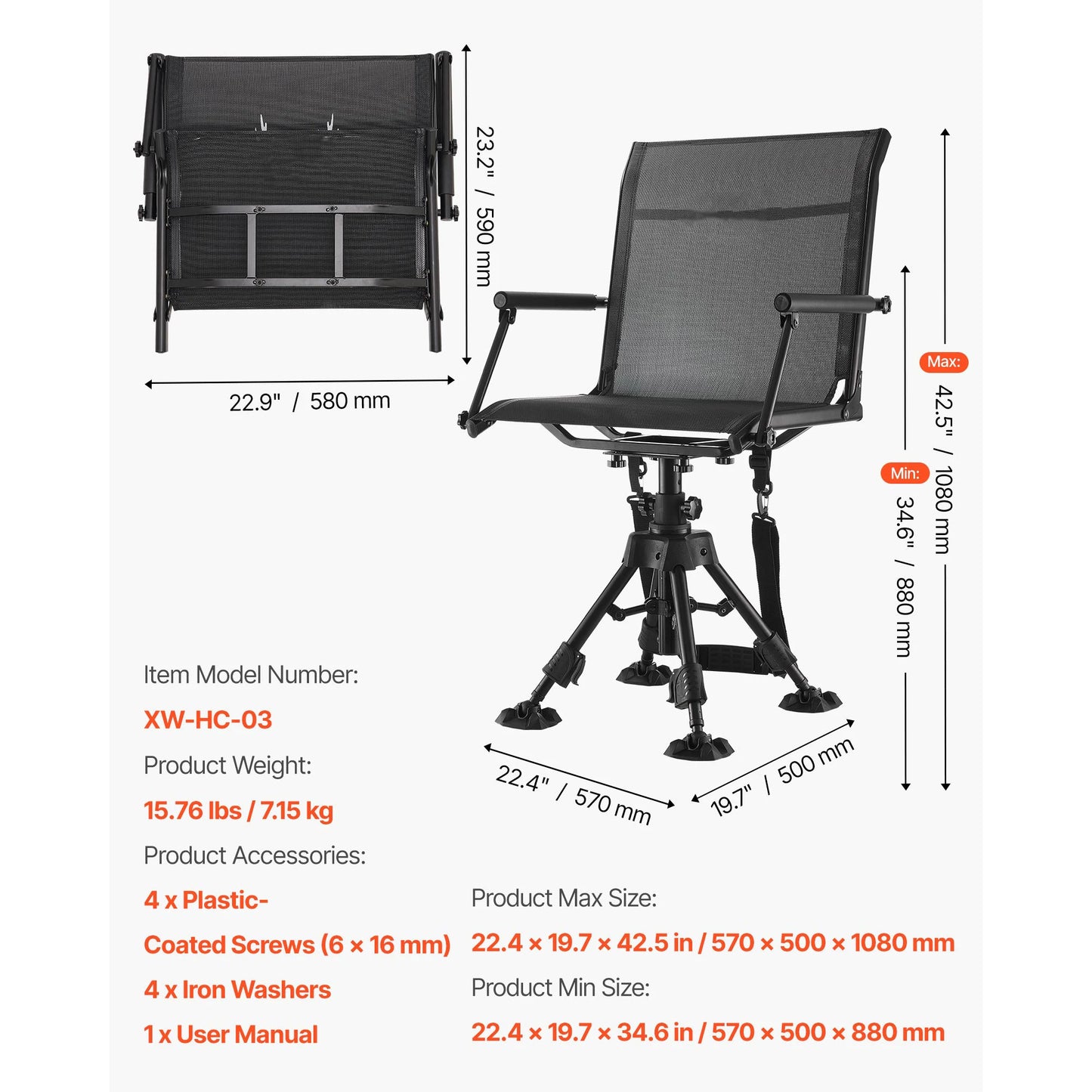 Hunting Chair 360° Silent Swivel Foldable Blind Chair Steel Frame Ground Stool Seat 300Lbs/350Lbs Capacity for Fishing