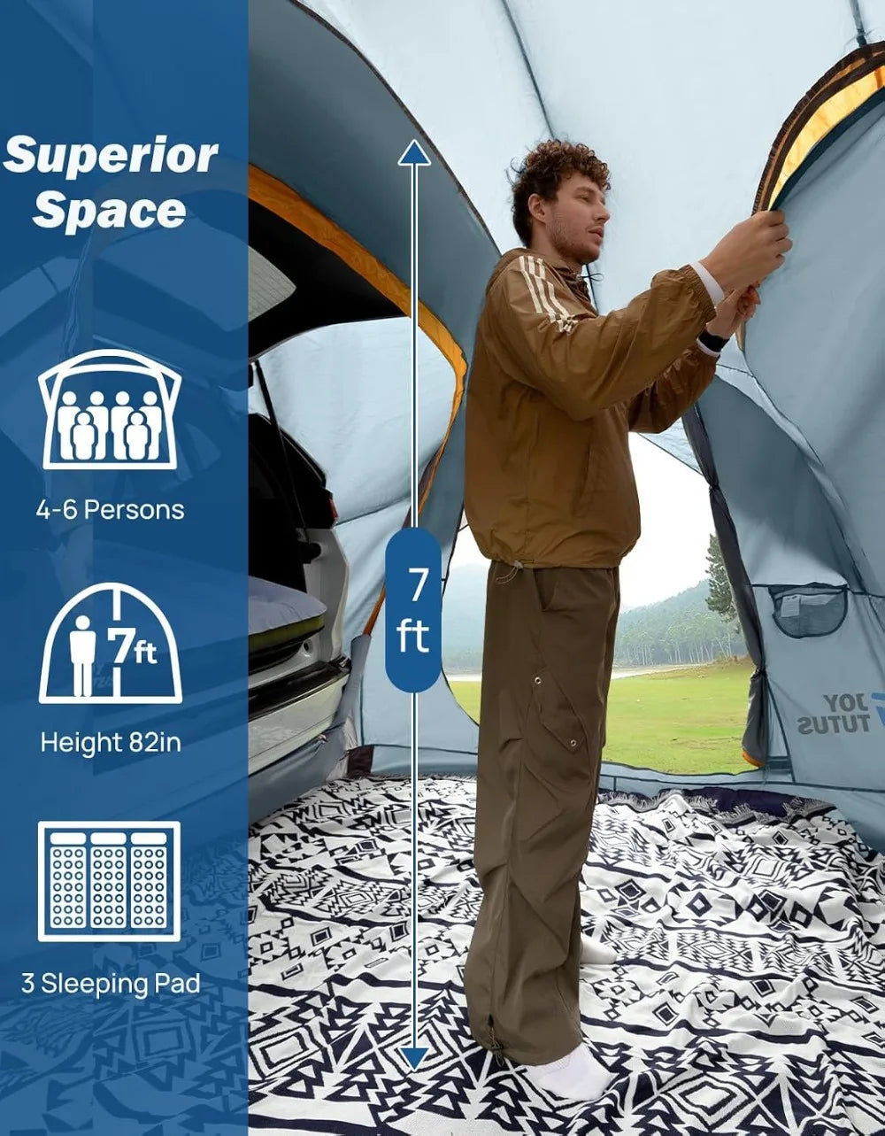 SUV Tent for Camping with Rainfly, Double Door Design, Aluminum Poles, Waterproof PU2000mm, Orange, 4-8 Person