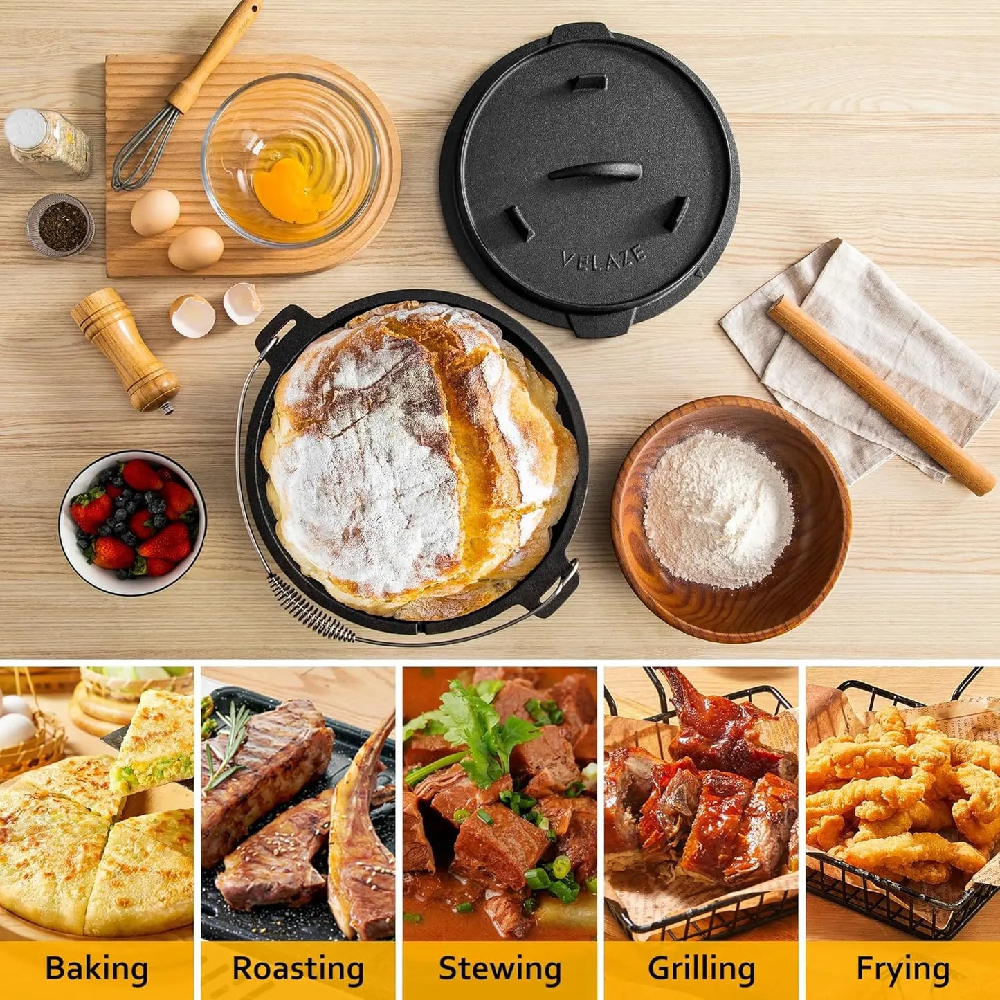 10QT Cast Iron Camping Dutch Oven, Pre-Seasoned with Lid, for Stove, Grill, Oven or Campfire, Metal Handle & Lid Lifter Included