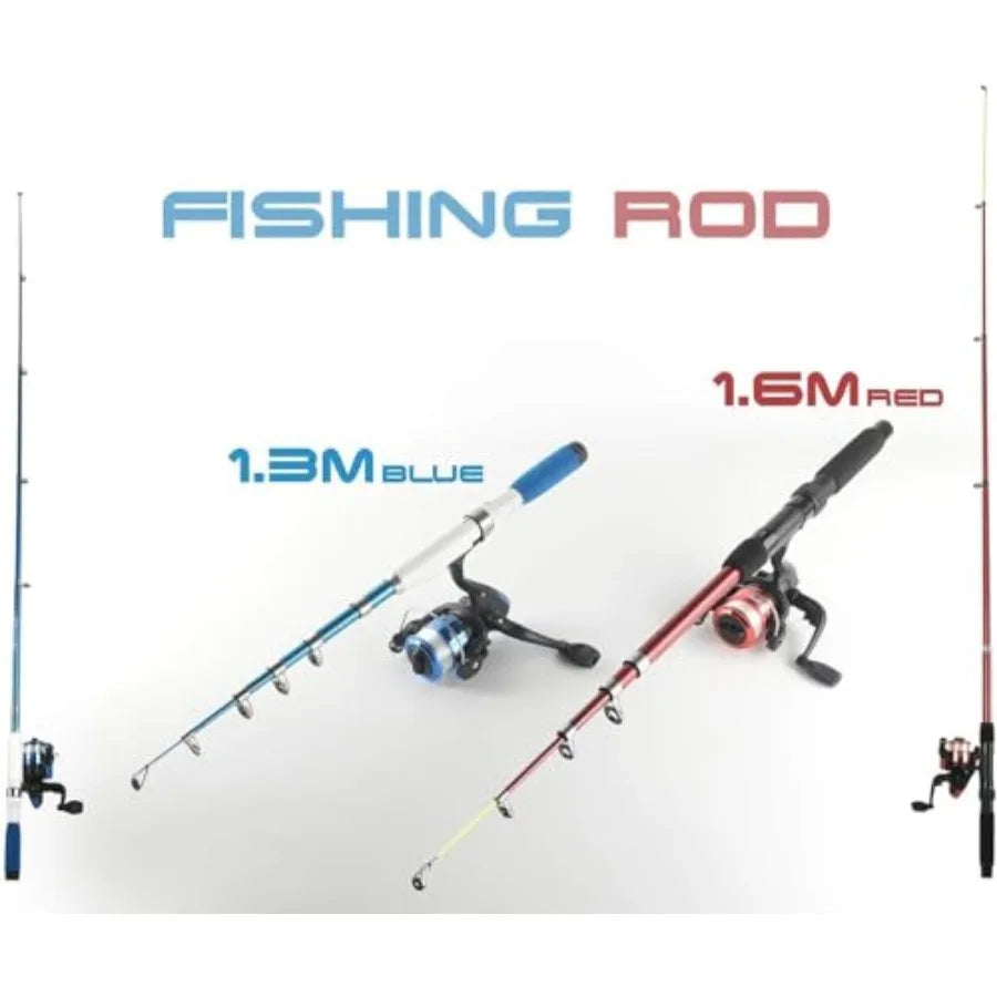 Fishing Rod Reel Combos for Youth: Telescopic Carbon Fiber Rods in Blue, Lightweight Portable with 2 Spinning Reels, Lures, Hoo