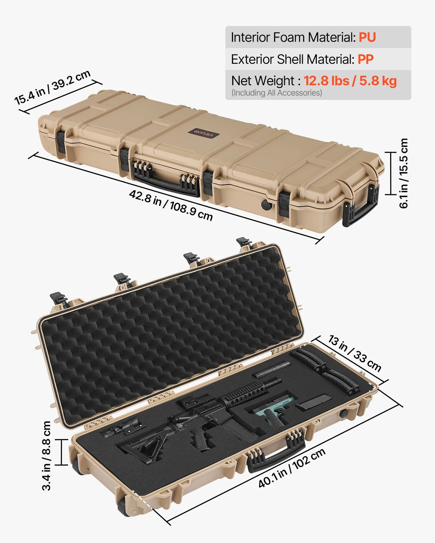 SucceBuy Hard Rifle Case Lockable Rifle Case w/ Pre-cut Foams & Wheels IP67 Waterproof Pistol Storage Cases for Rifles Shotguns