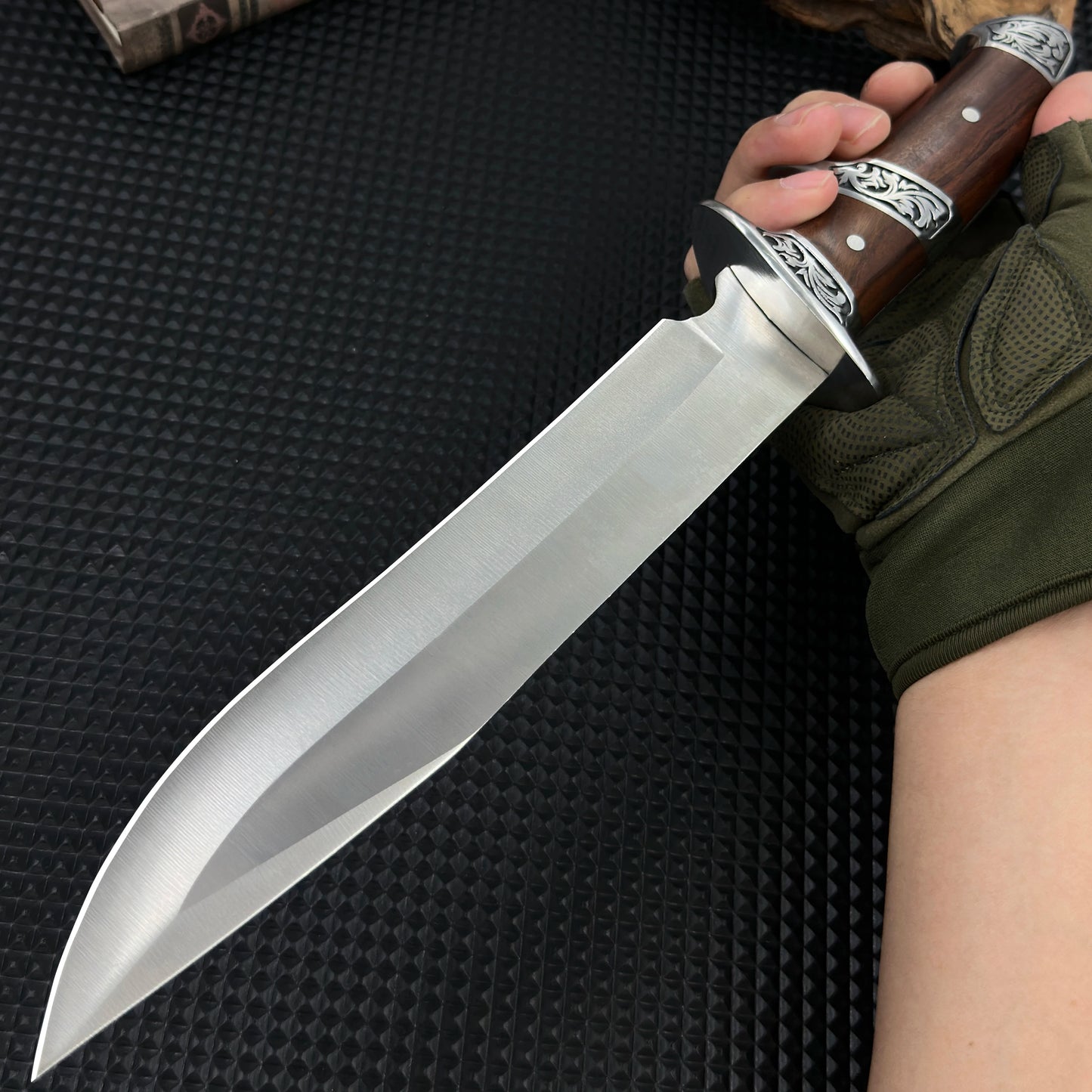Wood handle with fixed blade, tool steel blade, including sheath, camping knife, outdoor survival tool, safety guard hand